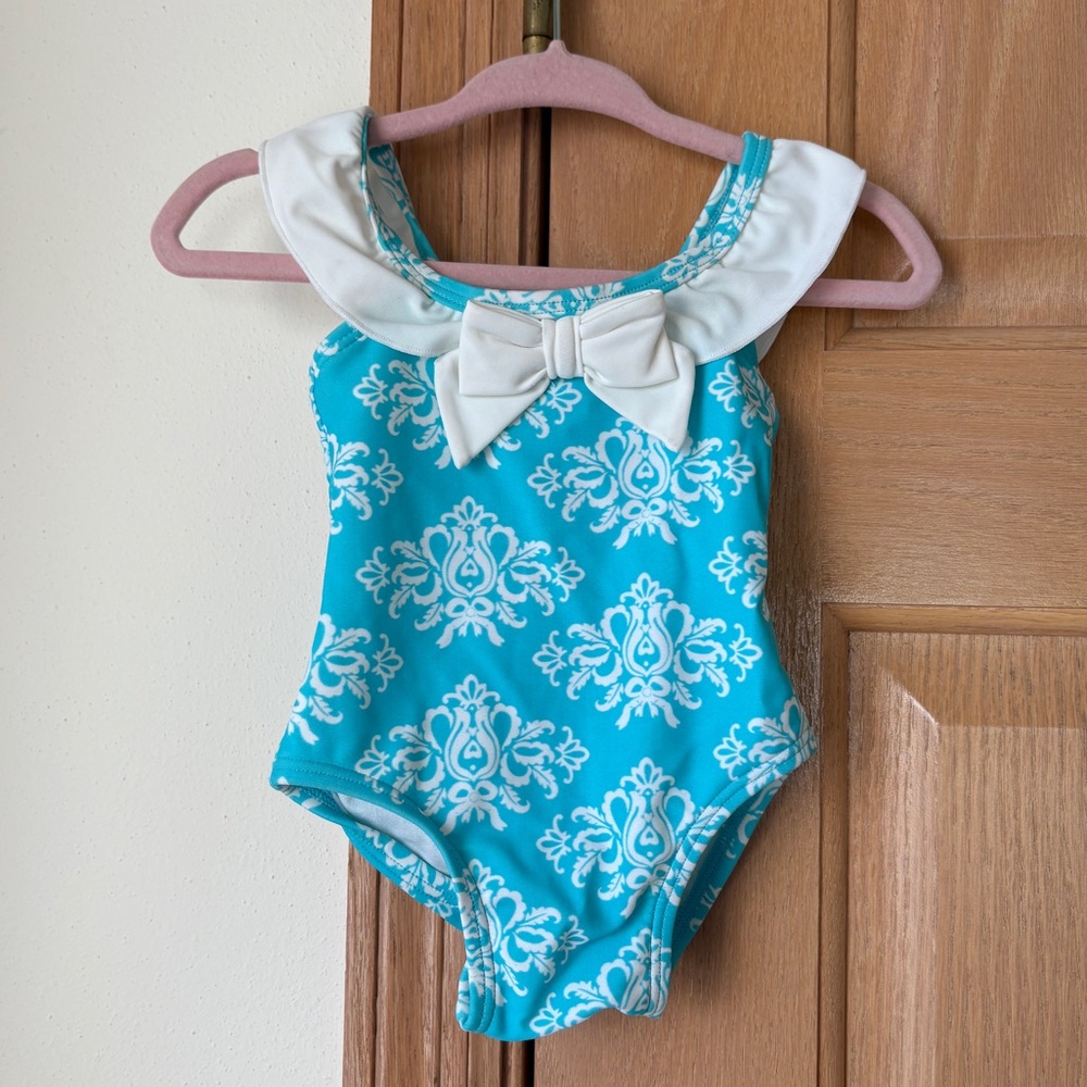 Janie and Jack Turquoise and White One-Piece Swimsuit with Bow
